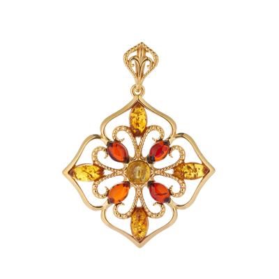 Baltic Cognac, Cherry & Champagne Amber Pendant in Gold Tone Sterling Silver.
