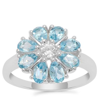 Swiss Blue Topaz Ring with White Zircon in Sterling Silver 2.09cts