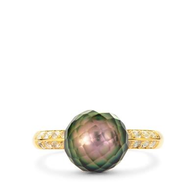 Faceted Tahitian Cultured Pearl (10mm) Ring with White Topaz in Gold Tone Sterling Silver 