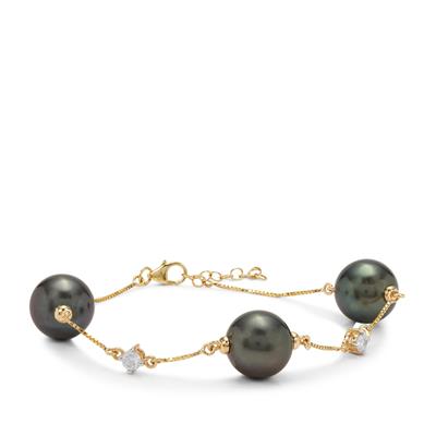 Tahitian Cultured Pearl Bracelet with White Zircon in 9K Gold (12mm)