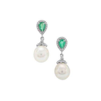'The Serene Pearl Earrings' South Sea Cultured Pearl, Zambian Emerald Earrings with White Zircon in 9K White Gold (9mm)