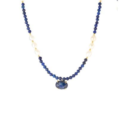 Lapis Lazuli Necklace with Freshwater Cultured Pearl in Gold Tone Sterling Silver 