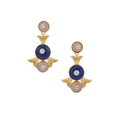 Sar-i-Sang Lapis Lazuli, Peruvian Pink Opal Earrings with White Topaz in Gold Plated Sterling Silver 3.75cts