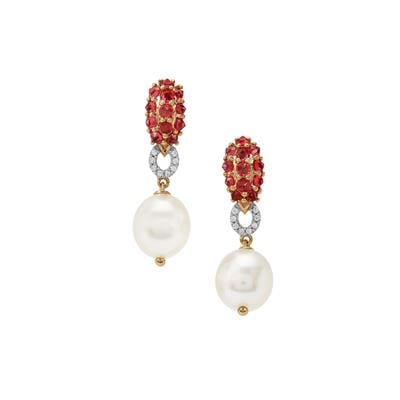 South Sea Cultured Pearl, Burmese Jedi Red Spinel Earrings with White Zircon in 9K Gold (10mm)