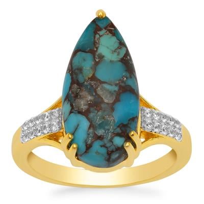 Egyptian Turquoise Ring with White Zircon in Gold Plated Sterling Silver 7.85cts
