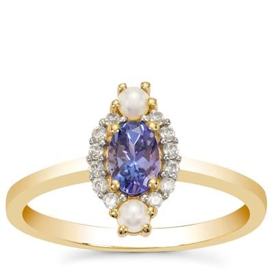 AA Tanzanite, Akoya Cultured Pearl Ring with White Zircon in 9K Gold (2 MM)