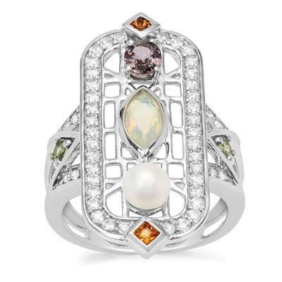  Kaori Cultured Pearl Ring with Multi Gemstone in Sterling Silver (5mm)