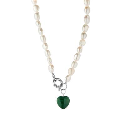 Congo Malachite Heart Necklace with Baroque Cultured Pearl in Sterling Silver