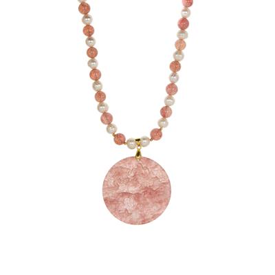 Strawberry Quartz Dreamscape Carving with Freshwater Cultured Pearl Gold Tone Sterling Silver Necklace