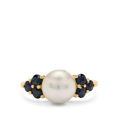 South Sea Cultured Pearl Ring with Australian Blue Sapphire in 9K Gold (8mm)