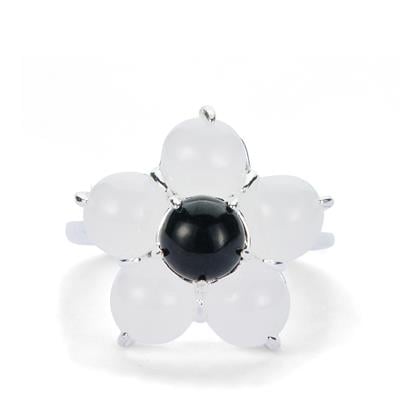 Mutton Fat Jade Flower Ring with Black Jadeite in Sterling Silver 8cts