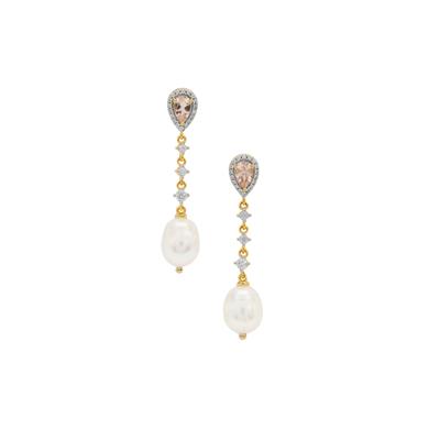 South Sea Cultured Pearl, Morganite Earrings with White Zircon in 9K Gold (8mm)