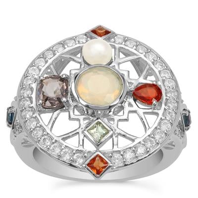 Kaori Cultured Pearl Ring with Multi Gemstone in Sterling Silver (4 mm)