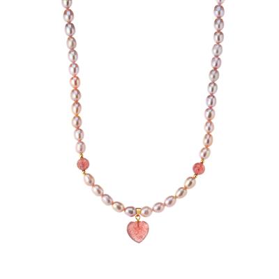 Kaori Freshwater Cultured Pearl Necklace with Strawberry Quartz in Gold Tone Sterling Silver (6x7mm) 