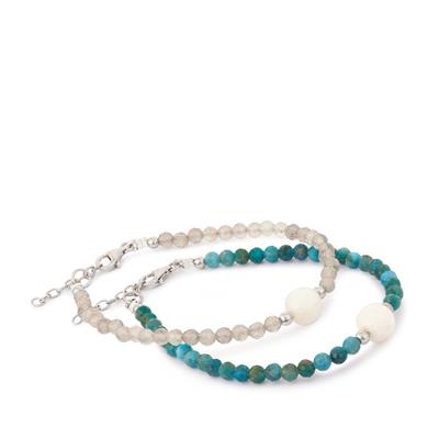 Neon Apatite & Labradorite Set of 2 Bracelets with White Moonstone in Sterling Silver 42.93cts