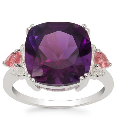 Tanzanian Amethyst Ring with Pink Tourmaline in Sterling Silver 7.35cts