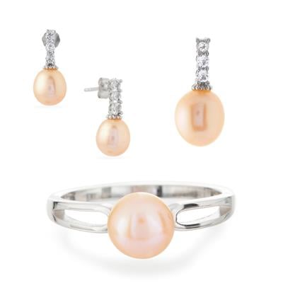 Naturally Papaya Cultured Pearl Set of Ring, Pendant and Earrings with White Topaz in Sterling Silver
