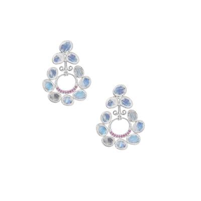 Rainbow Moonstone Earrings with Burmese Ruby in Sterling Silver 11.70cts