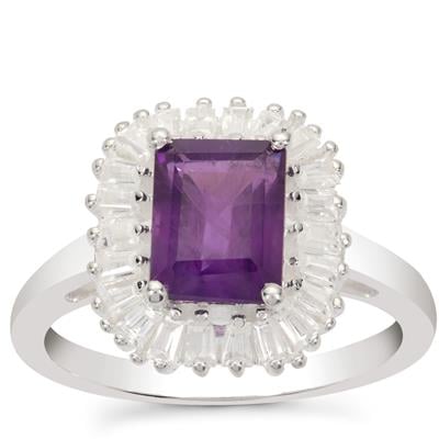 Le Beau Paon Tanzanian Amethyst & White Zircon Octagon Ring With Baguette Halo  Ave Cts 2.19