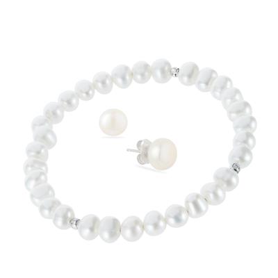 Freshwater Cultured Pearl Set of Bangle and Earrings in Rhodium Flash Sterling Silver