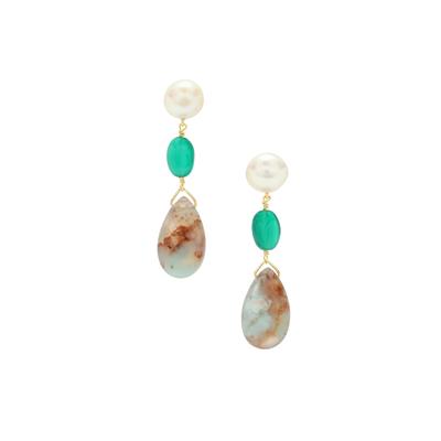 Aquaprase™, Kaori Cultured Pearl Earrings with Green Onyx in Gold Plated Sterling Silver