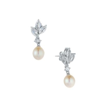 Kaori Cultured Pearl Earrings with White Topaz in Sterling Silver 
