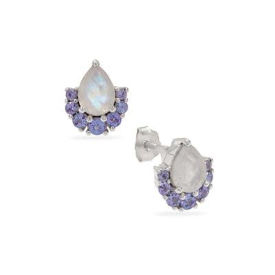 Rainbow Moonstone Earrings with Tanzanite in Sterling Silver 2cts