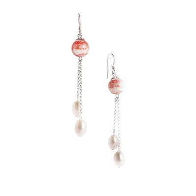 Chicken-Blood Stone & Freshwater Cultured Pearl Sterling Silver Earrings 