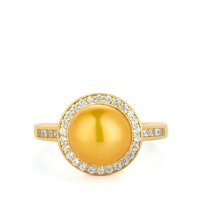 Golden Cultured Pearl Ring with White Zircon in Gold Tone Sterling Silver (9.50mm)