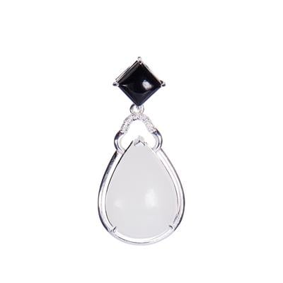 Mutton Fat Jade & Black Jadeite Pendant with White Topaz in Sterling Silver 10.04cts