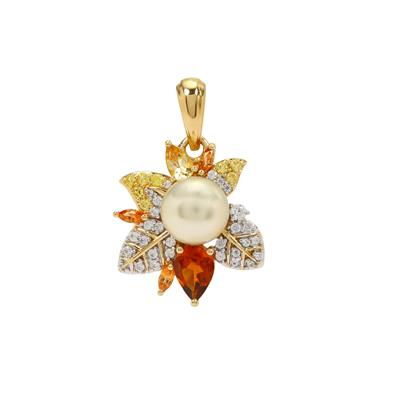 Golden South Sea Cultured Pearl Pendant with Multi-Gemstone in Gold Plated Sterling Silver (8 MM)