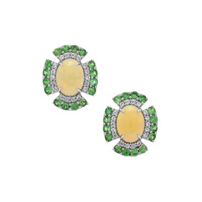 Ethiopian Opal, Tsavorite Garnet Earrings with White Zircon in 9K White Gold 2.85cts