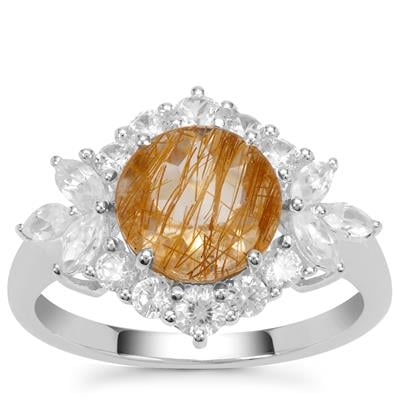 Rutile Quartz Ring with White Zircon in Sterling Silver 4cts