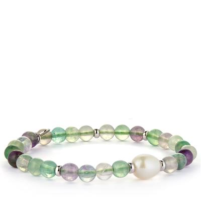 Rainbow Fluorite Stretchable Bracelet with Kaori Cultured Pearl in Sterling Silver