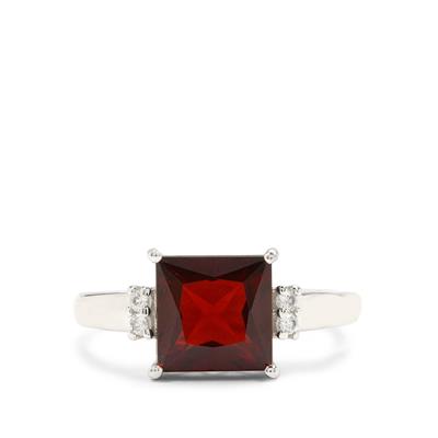Rajasthan Garnet Ring with White Zircon in Platinum Plated Sterling Silver 3cts