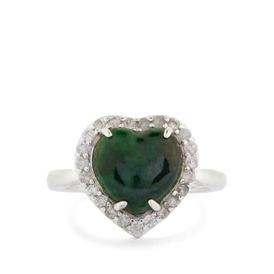 Type A Burmese Jadeite Ring with White Zircon in Sterling Silver 1.65cts 