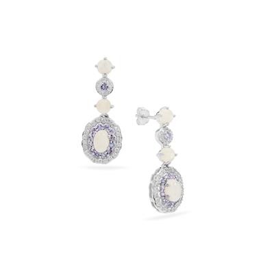 Rainbow Moonstone, Tanzanite Earrings with White Zircon in Sterling Silver 3.95cts