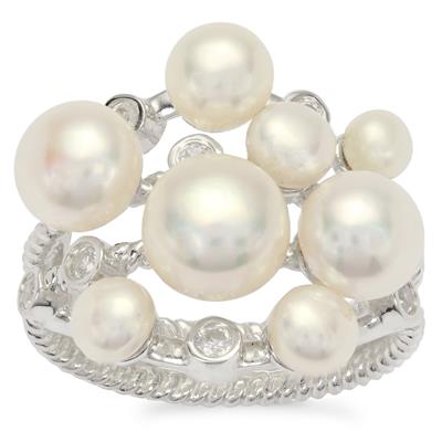 Freshwater Pearl Ring with White Zircon in Sterling Silver (4 to 8 MM)
