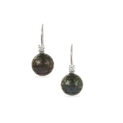 Faceted Tahitian Cultured Pearl Earrings with White Zircon in Sterling Silver  