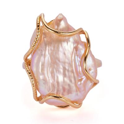 Baroque Papaya Pearl Ring in Gold Tone Sterling Silver (23 x 16mm) 