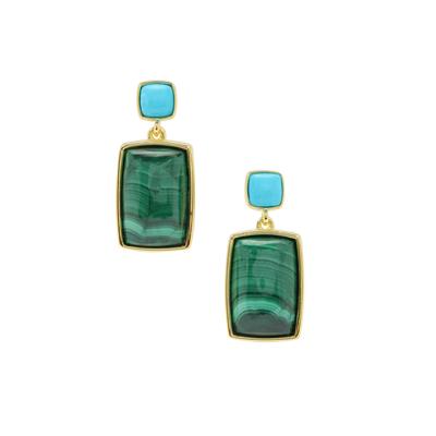 Sleeping Beauty Turquoise Earrings with Malachite in Gold Plated Sterling Silver 21.95cts