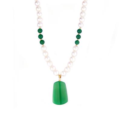 Kaori Freshwater Cultured Pearl Necklace with Green Agate in Gold Tone Sterling Silver 