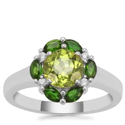 Changbai Peridot, Chrome Diopside Ring with White Zircon in Sterling Silver 2.20cts