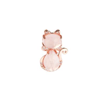 Rose Quartz Cat Pendant with White Zircon in Rose Tone Sterling Silver 2.10cts