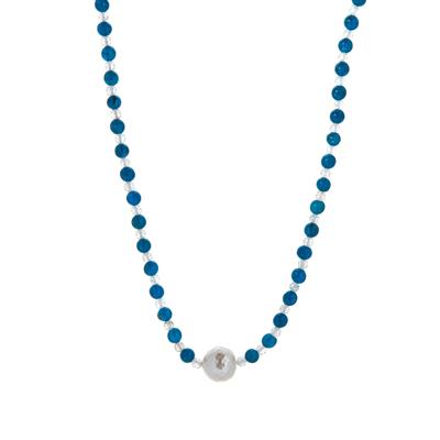 Komatsu Cultured Pearl, Blue Apatite Necklace with White Topaz in Gold Tone Sterling Silver 