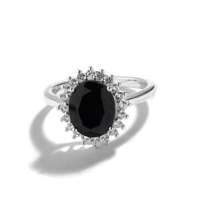 Black Sapphire Ring with White Zircon in Sterling Silver 3.75cts