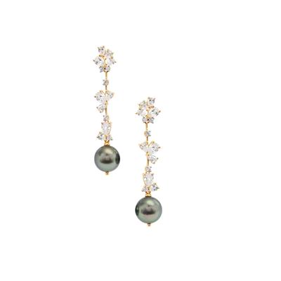 Tahitian Cultured Pearl Earrings with White Zircon in 9K Gold (11mm)