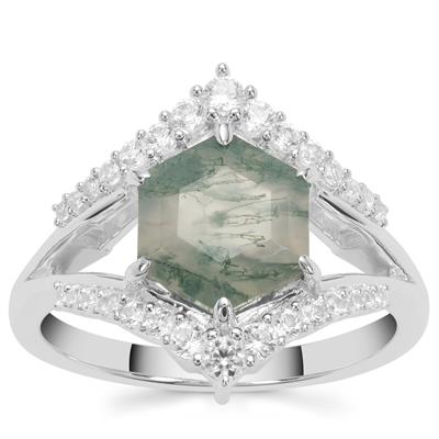 Moss Agate Ring with White Zircon in Sterling Silver 2.55cts