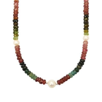 Freshwater Pearl Necklace with Multi-Colour Tourmaline in Sterling Silver (5 to 6 MM)