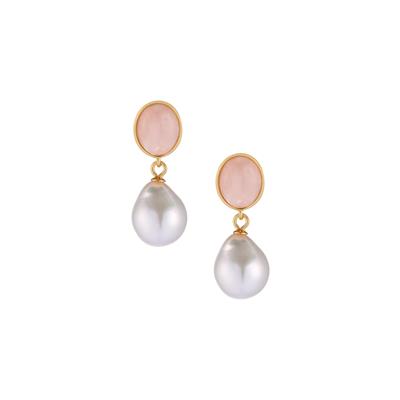 Morganite Earrings with Baroque Cultured Pearl in Gold Tone Sterling Silver